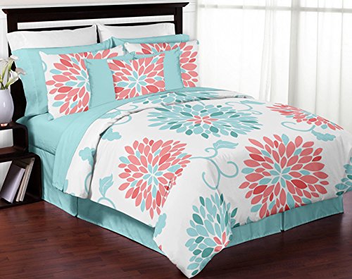 Sweet Jojo Designs Turquoise and Coral Emma 3 Piece Childrens, Teen, Kids Modern Full/Queen Bedding Set Collection