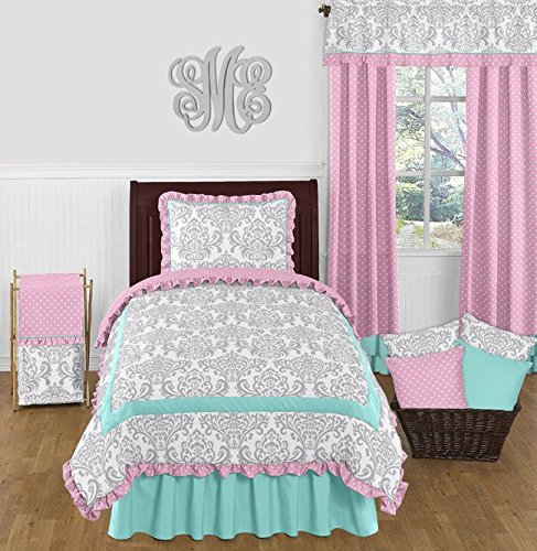 Sweet Jojo Designs Skylar Luxury Turquoise Blue, Pink Polka Dot and Gray Damask 4 Piece Girls Twin Bedding Set
