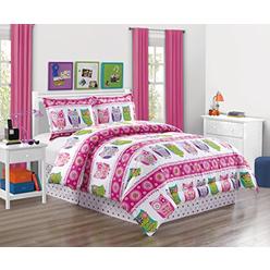 GrandLinen Girls Kids Bedding-Owl Design Polka Dot Tween Teen Dream Bed in A Bag. (Double) Full Size 4 - Piece Comforter Set-Love,