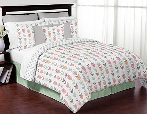 Sweet Jojo Designs Grey, Coral and Mint Woodland Arrow Print Girls 3 Piece Childrens Teen Full/Queen Bedding Set