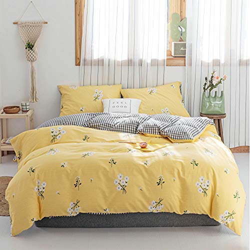 HighBuy Girls Full Floral Bedding Sets Queen Yellow 3 Pieces Cotton Flowers Duvet Cover Set with 2 Pillow Shams,Reversible