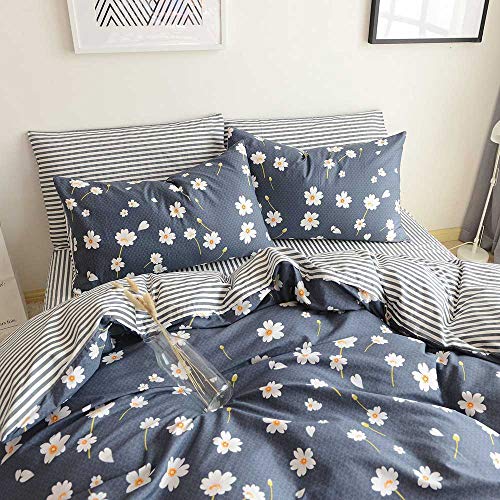 HighBuy Duvet Cover Queen Floral Bedding Sets Full Cotton Sateen Floral Duvet Cover Set Queen Comforter Cover Reversible Striped