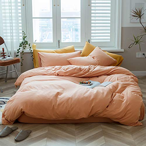 AMWAN Grapefruit Color Duvet Cover Queen Solid Pink Bedding Set 100% Knitted Cotton Comforter Cover Solid Color Duvet Cover Hotel