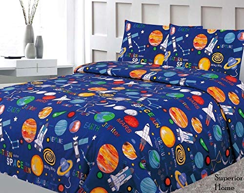 Sapphire Home Three (3) Piece Twin Size Print Sheet Set with Fitted, Flat and 1 Pillow Case, Space Planets Rockets Blue