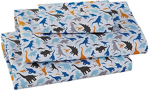 Better Home Style Dinosaur Jurassic Park World White Blue Grey and Tan Kids/Boys/Toddler 4 Piece Sheet with Pillowcases Flat