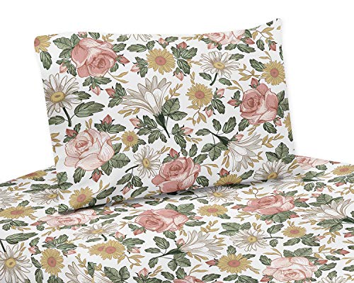 Sweet Jojo Designs Vintage Floral Boho Twin Sheet Set - 3 Piece Set - Blush Pink, Yellow, Green and White Shabby Chic Rose