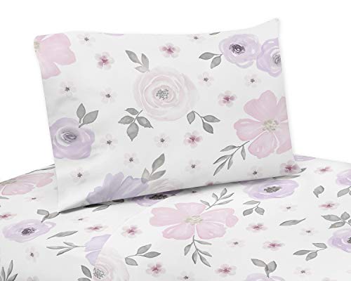 Sweet Jojo Designs Lavender Purple, Pink, Grey and White Twin Sheet Set for Watercolor Floral Collection - 3 piece set - Rose