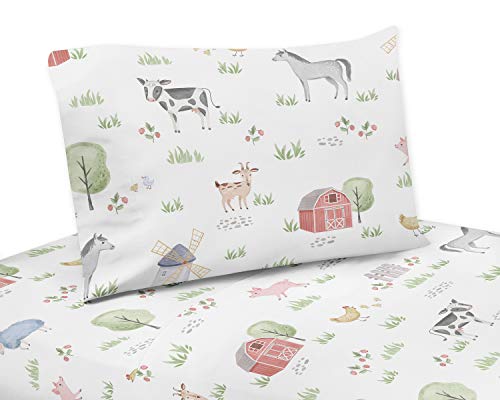 Sweet Jojo Designs Farm Animals Queen Sheet Set - 4 Piece Set - Watercolor Farmhouse Horse Cow Sheep Pig