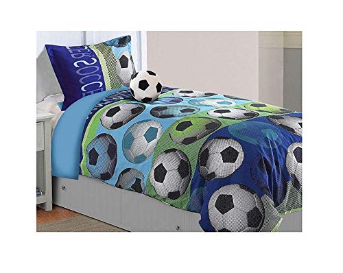 All American Collection 3 Piece Twin Size Soccer Comforter Set with Furry Friend Included, Matching Sheets and Curtain A