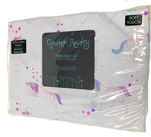 Cynthia Rowley Pastel Colorful Unicorns Twin Sheet Set | 100% Cotton Sateen