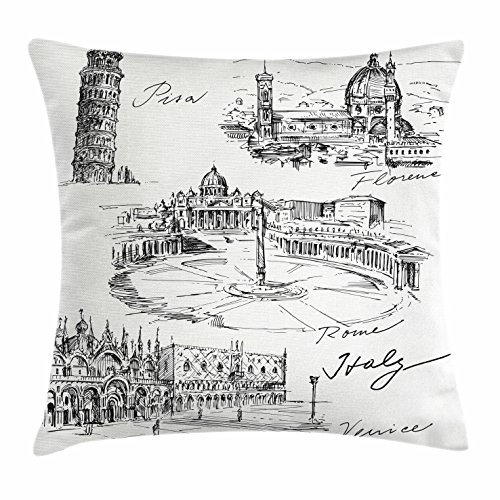 Ambesonne Sketchy Throw Pillow Cushion Cover, Travel The World Themed Historical Italian Landmarks Venice Rome Florence Pisa,