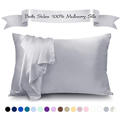 LULUSILK Mulberry Silk Pillowcase for Hair and Skin, 100 Pure Silk Pillow Case Cover 16 Momme with Hidden Zipper, Silvergrey,