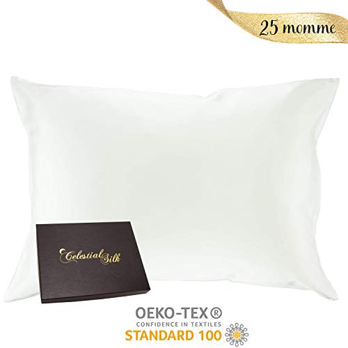 Celestial Silk 100% Silk Pillowcase for Hair Zippered Luxury 25 Momme Mulberry Silk Queen White