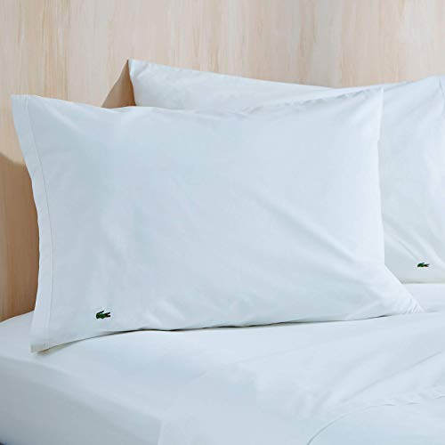 Lacoste 100% Cotton Percale Pillowcase Pair, Solid, White, Standard