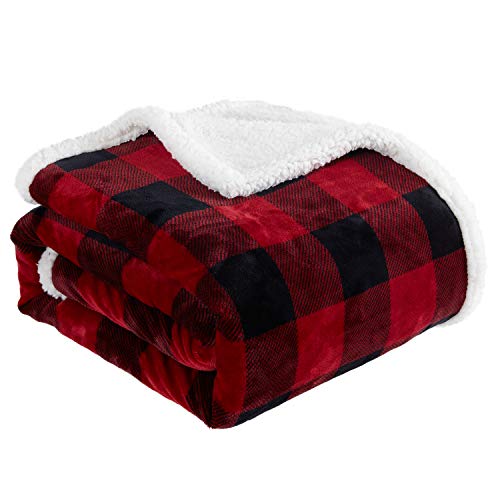 Touchat Sherpa Red and Black Buffalo Plaid Christmas Throw Blanket, Fuzzy Fluffy Soft Cozy Blanket, Fleece Flannel Plush
