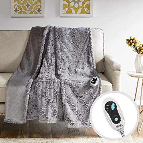 Beautyrest Brushed Long Fur Electric Throw Blanket Ogee Pattern