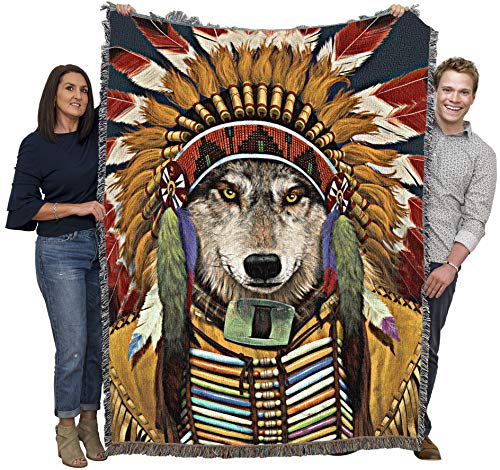Pure Country Weavers Wolf Spirit Chief Vincent HIE Blanket Throw Woven from Cotton - Made in The USA (72x54)