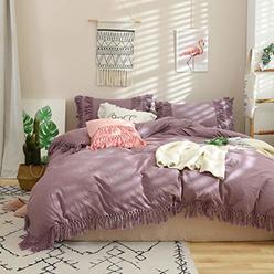Softta Bohemian Duvet Cover King 3 Pcs Modern Bedding Girls Princess Bedding Purple Fringed Tassel and Ruffle 100% Washed