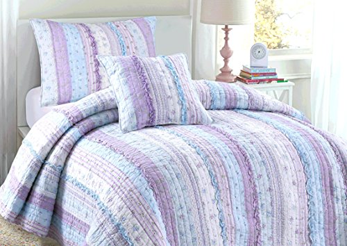 Cozy Line Home Fashions Raelynn Romantic Lace Light Lavender Orchid Blue Flower Print Stripe Cotton 3D Bedding Quilt Set,