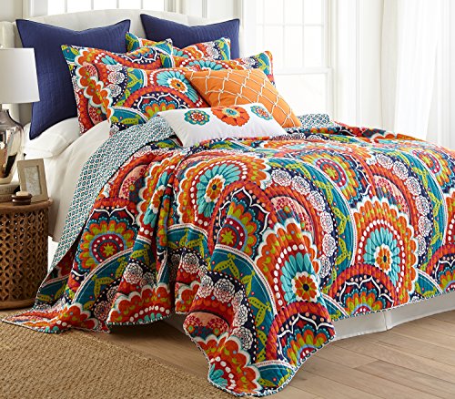 Levtex Home - Serendipity Quilt Set - King Quilt + Two King Pillow Shams - Boho Floral in Orange Teal Red Blue - Quilt Size