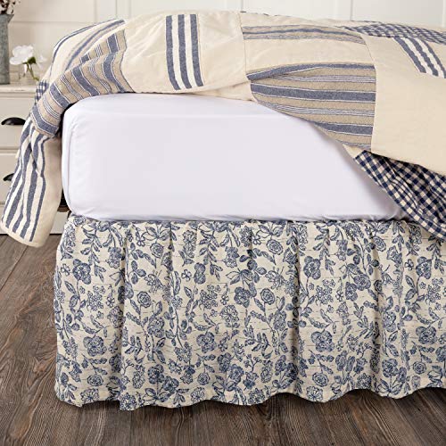 Piper Classics Doylestown Blue King Size Floral Bed Skirt w/ 16" Drop, Blue & Cream Gathered Dust Ruffle, Country Cottage,