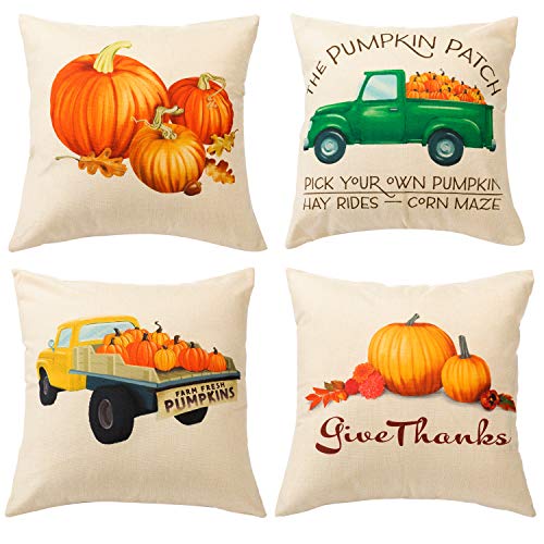 JOYIN Fall Throw Pillow Covers 4 Packs, 18x18 Inches Pumpkin Harvest Truck Autumn Pillowcases, Thanksgiving Cotton Linen Fall