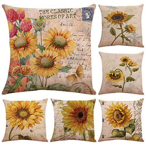 Faylapa 6 Pack Oil Painting Sunflower Throw Pillow Cases,Vintage Floral  Design Decorative Cushion Cover Pillowcase Home