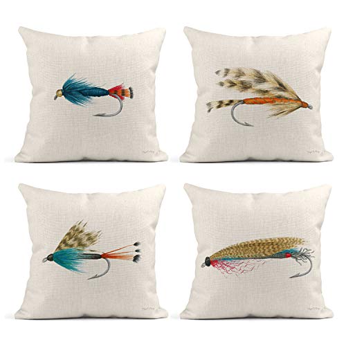 Tarolo Set of 4 Linen Throw Pillow Cover Case Gone Fishin Fish Hook Decorative Pillow Cases Covers Home Decor Square 18 x 18