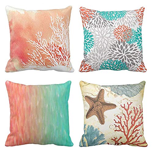 Emvency Set of 4 Throw Pillow Covers Watercolor Coral Blue Aqua Orange and White Splash Reef Modern Decorative Pillow Cases