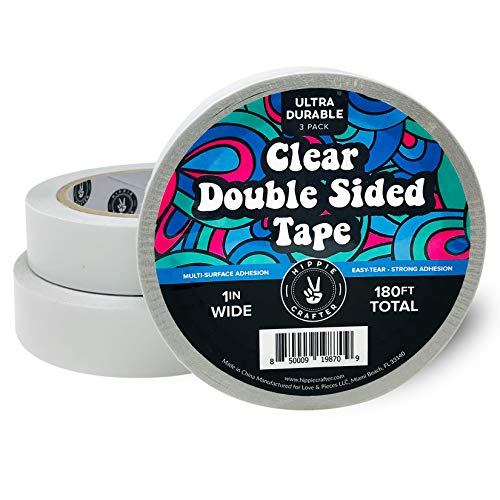 HIPPIE CRAFTER 3 Pk Clear Double Sided Tape 1 inch Wide Heavy Duty Adhesive 2 Sided Strong Duct Thin Tape - 3 Packs 1" by 60 Feet (180FT