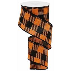 RG Ribbon Wired Ribbon Orange and Black Large Striped Check/Plaid on Royal for Wreaths, Gift Wrapping, Floral Arrangements, Crafting