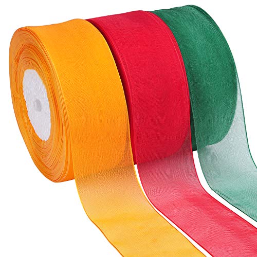 Livder 3 Rolls Christmas Sheer Chiffon Ribbons 1.5 Inches x 49 Yards/Each Roll for Wedding Gift Wrapping Home Decorations