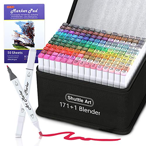 Shuttle Art 172 Colors Dual Tip Alcohol Based Art Markers,171 Colors plus 1 Blender Permanent Marker 1 Marker Pad with Case Perfect for
