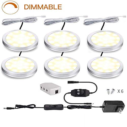 Cefrank Led Dimmable Puck Lights,Set of 6 Warm White Under Cabinet Lighting Kit w/Rotary Dimmer Switch, Total of 12W, LED Counter