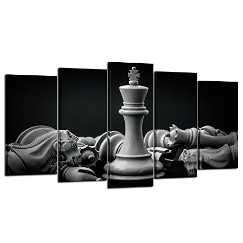 Kreative Arts - Black and White King and Knight of Chess Setup on Canvas Wall Art Paintings 5 Pieces Pictures Prints Poster