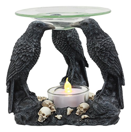 Ebros Gift Ebros Skull Graveyard with Three Ravens Oil Warmer Statue Wax Tart Burner Aroma Scent Diffuser Resin Three Eyed Raven Gothic