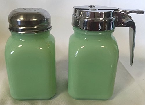 Rosso Glass Breakfast Set - Syrup and Powdered Sugar - Jade Jadeite Jadite Green Glass - Mosser - American Made