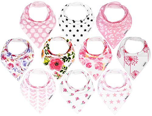 KiddyStar Bandana Baby Drool Bibs for Girls, 8-Pack Bib Set for Drooling and Teething, Organic Cotton, Soft and Absorbent,
