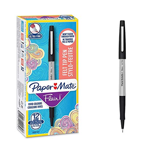 Paper-Mate Paper Mate Flair Pen, 0.33mm Ultra Fine Tip, Black, Box of 12