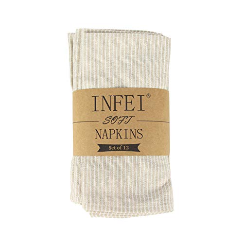 INFEI Narrow Striped Linen Cotton Dinner Cloth Napkins - Set of 12 (40 x 40 cm) - for Events & Home Use (Beige)