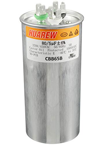 HUAREW 80+5 uF Â±6% 80/5 MFD 370/450 VAC CBB65 Dual Run Start Round Capacitor for Condenser Straight Cool or Heat Pump Air