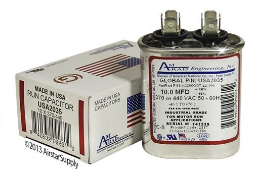 AMRAD Goodman CAP100000370VAS Replacement - 10 uf/Mfd 370/440 VAC AmRad Oval Universal Capacitor, Made in The U.S.A.
