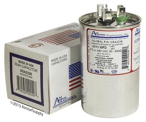 AMRAD (2) Pack - Goodman CAP050450440CT - 45 + 5 uf / Mfd 370 / 440 VAC AmRad Replacement Round Dual Universal Capacitor - Made in