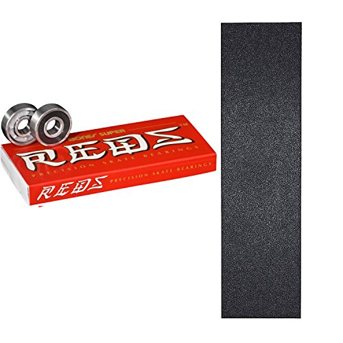 Bones Super Reds Bearings, 8 Pack set With Mob Skateboard Grip Tape Sheet Black 9" Bubble Free