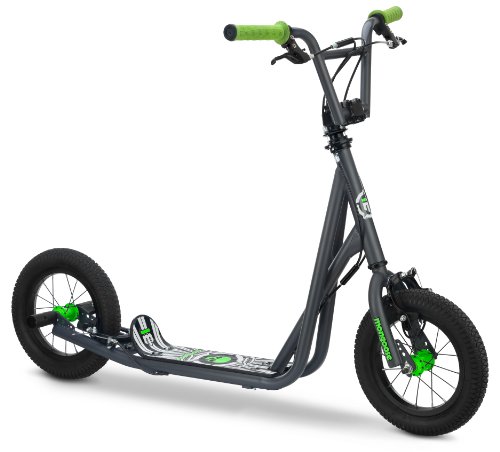 Mongoose Expo Scooter, Featuring Front and Rear Caliper Brakes and Rear Axle Pegs with 12-Inch Inflatable Wheels, Green/Grey