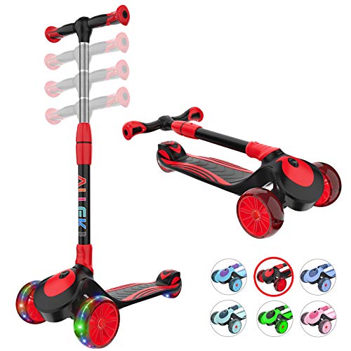 Allek F01 Folding Kick Scooter for Kids, 3-Wheel LED Flashing Glider Push Scooter with Height Adjustable and Foldable
