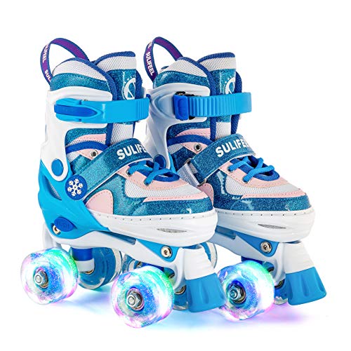SULIFEEL Rainbow Unicorn 4 Size Adjustable Light up Roller Skates for Girls Boys for Kids (Frozen Blue, Small(10C-13C US))