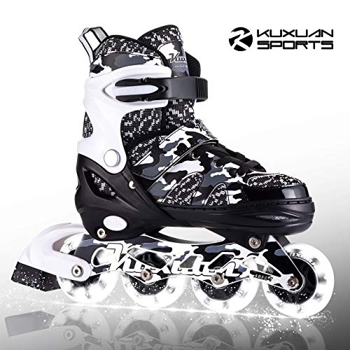 Kuxuan Boys Camo Black & Silver Adjustable Inline Skates with Light up Wheels, Fun Illuminating Roller Blading for Kids Girls