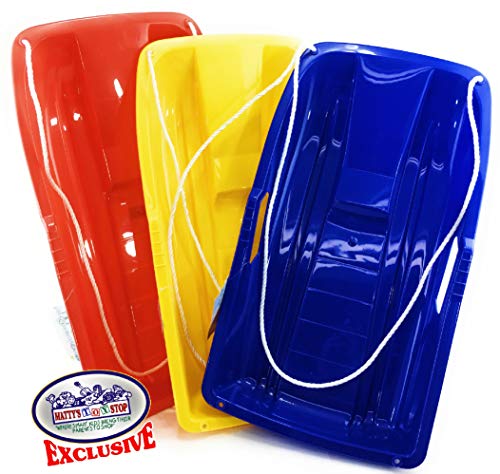 Matty's Toy Stop 26" Heavy Duty Plastic Snow Sled Toboggan with Tow Rope for Kids Red, Yellow & Blue Gift Set Bundle - 3 Pack