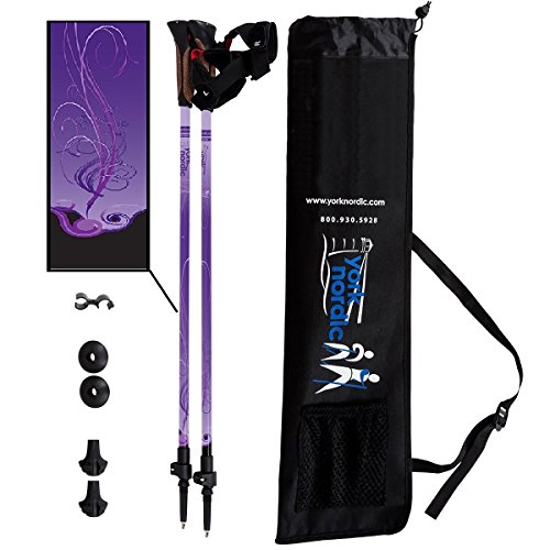 York Nordic Purple Haze Design Hiking & Walking Poles - Lightweight, Adjustable, and Collapsible - Pair w/flip Locks, Rubber